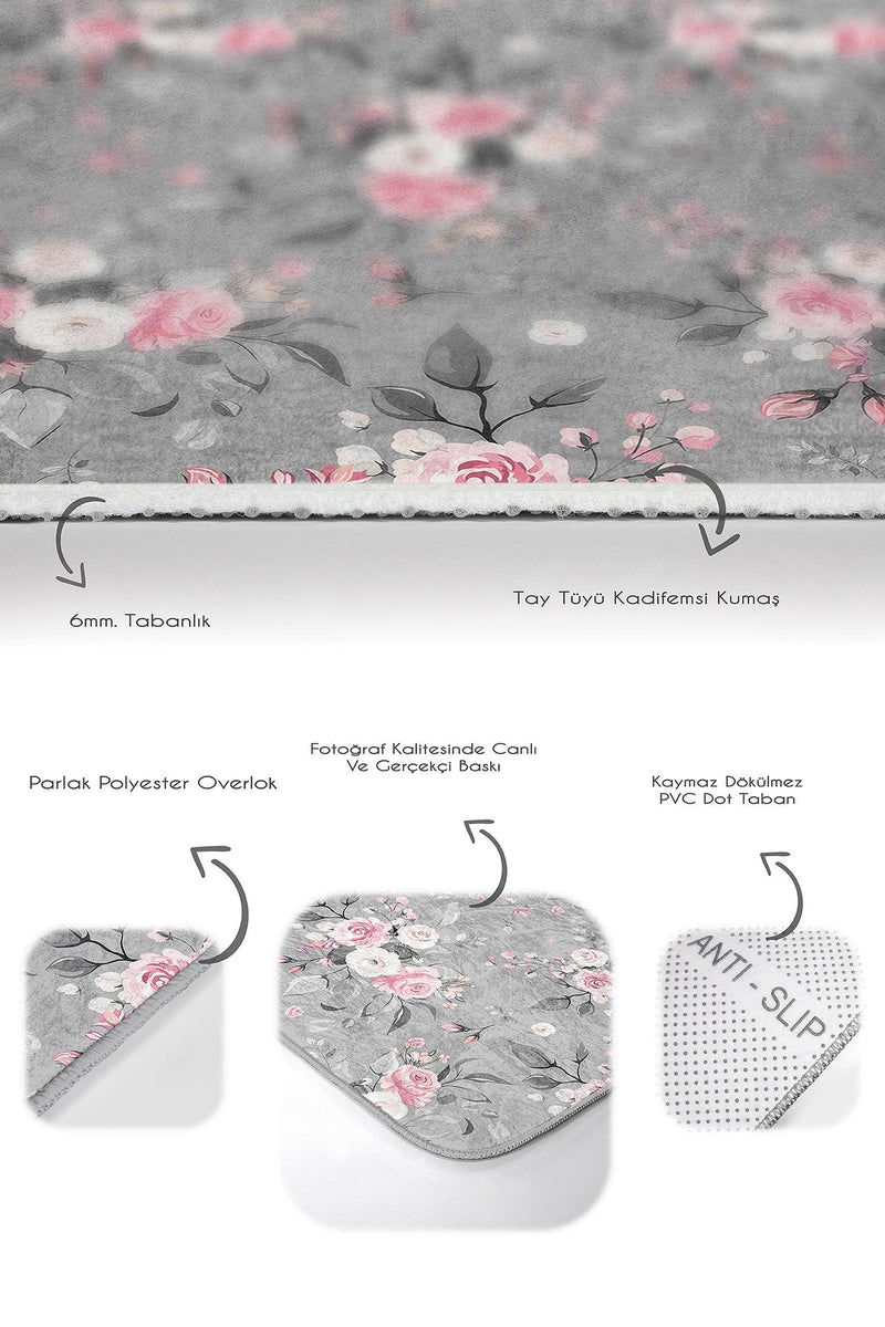 Gri Pembe Zemin Gül Özel Tasarımlı 2li Halı Takımı Kaymaz Taban Yıkanabilir Bonvagon