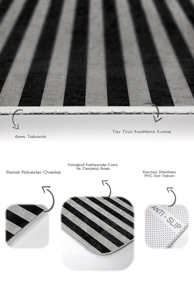 Gri Siyah Çizgili Geyik Motifli 2li Banyo Halısı Takımı Kaymaz Taban Yıkanabilir Bonvagon