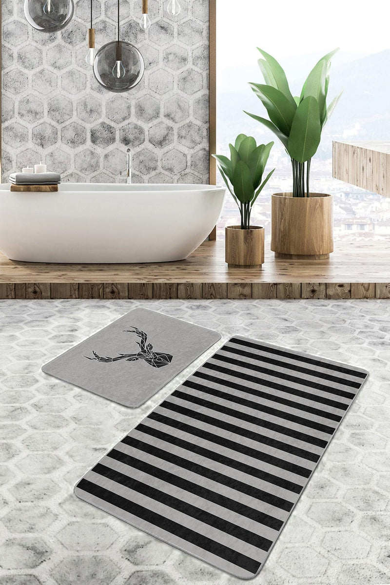 Gri Siyah Çizgili Geyik Motifli 2li Banyo Paspas ve Halısı Takımı Kaymaz Taban Yıkanabilir