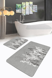 Gri Zemin Bitki Tasarımlı 2li Banyo Halısı Takımı Kaymaz Taban Yıkanabilir Bonvagon