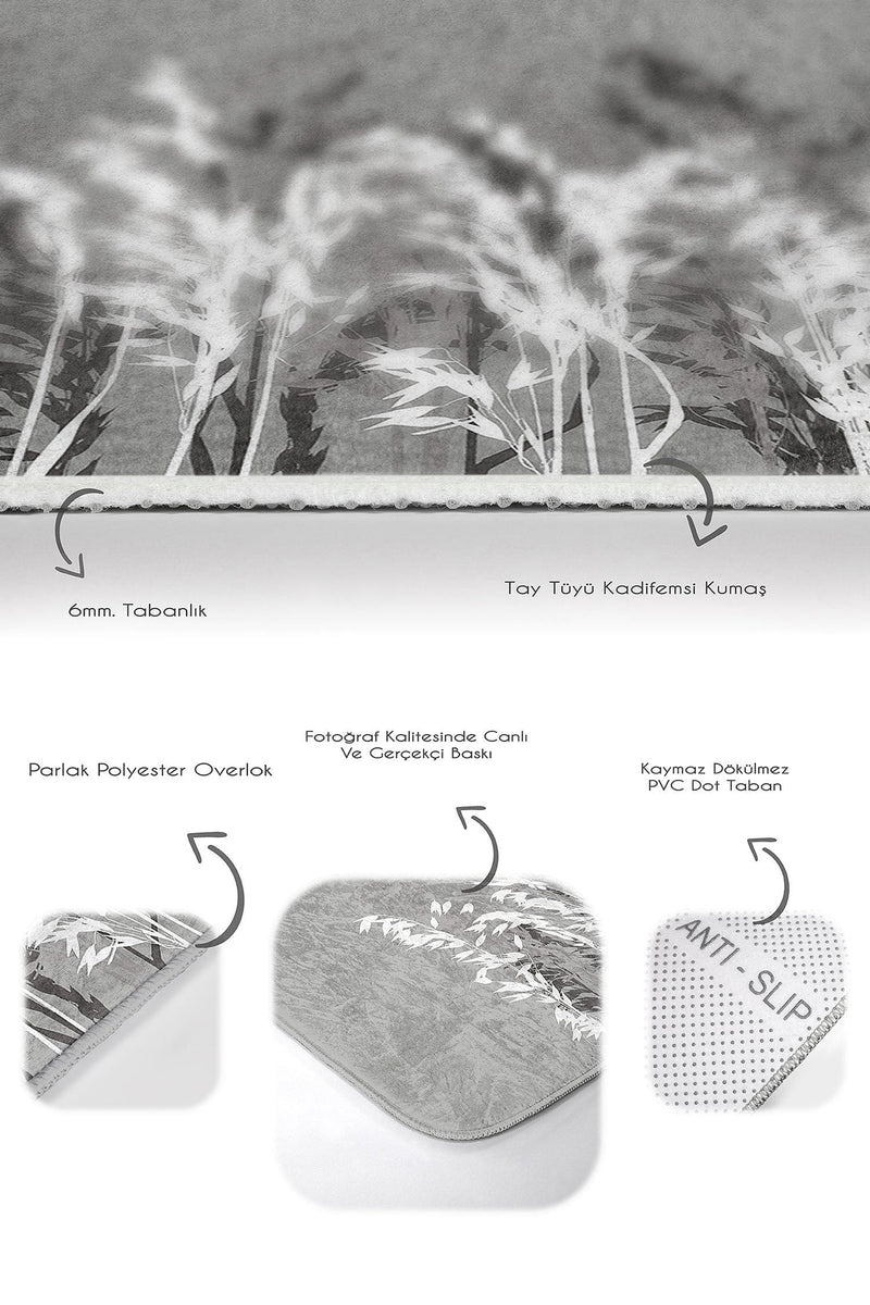 Gri Zemin Bitki Tasarımlı 2li Banyo Halısı Takımı Kaymaz Taban Yıkanabilir Bonvagon