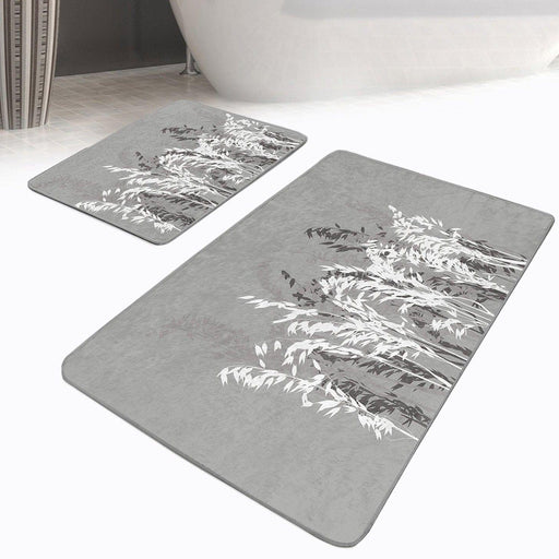 Gri Zemin Bitki Tasarımlı 2li Banyo Halısı Takımı Kaymaz Taban Yıkanabilir Bonvagon