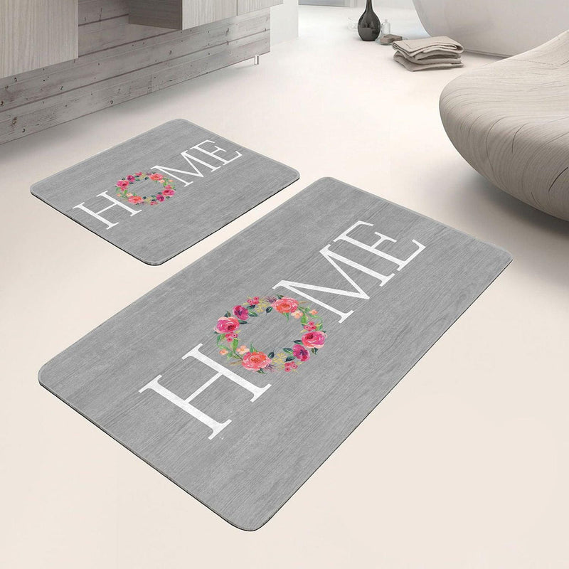 Gri Zemin Home Temalı Dijital Baskılı 2li Banyo Halısı Takımı Kaymaz Taban Yıkanabilir Bonvagon