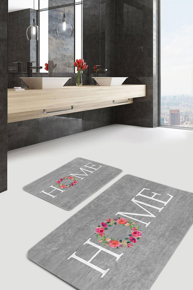 Gri Zemin Home Temalı Dijital Baskılı 2li Banyo Paspas ve Halısı Takımı Kaymaz Taban Yıkanabilir