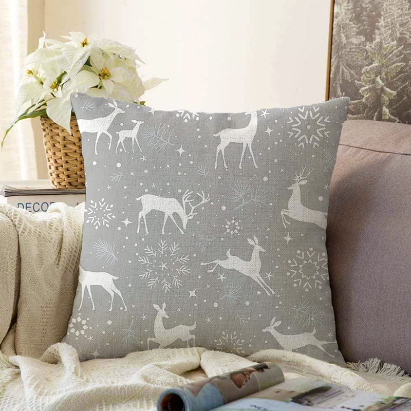 Gri Zemin Üzerinde Geyik Desenli Dijital Baskılı Modern Raşel Kadife Yastık Kırlent Kılıfı Bonvagon