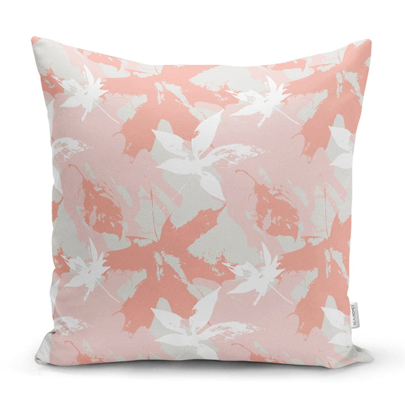 Gri Zemin Üzerinde Pembe Beyaz Yaprak Motifli Dekoratif Yastık Kılıfı 43x43cm Bonvagon