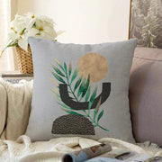 Gri Zemin Üzerinde Soyut Yaprak Çizimli Modern Özel Tasarım Raşel Kadife Kırlent Kılıfı Bonvagon