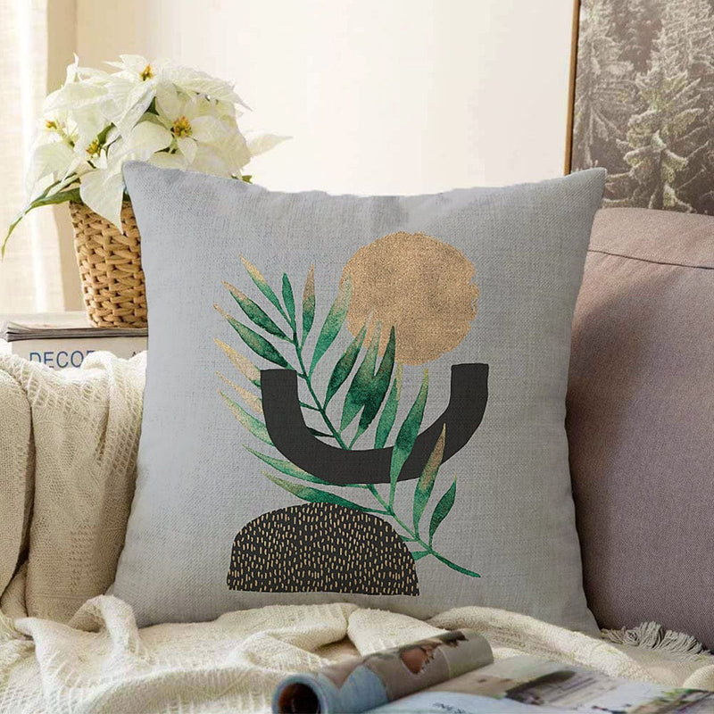 Gri Zemin Üzerinde Soyut Yaprak Çizimli Modern Özel Tasarım Raşel Kadife Kırlent Kılıfı Bonvagon