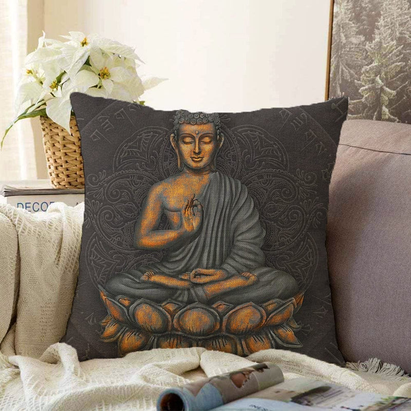 Gri Zeminde Buda Heykeli Motifli Özel Tasarım Raşel Kadife Kırlent Kılıfı Bonvagon