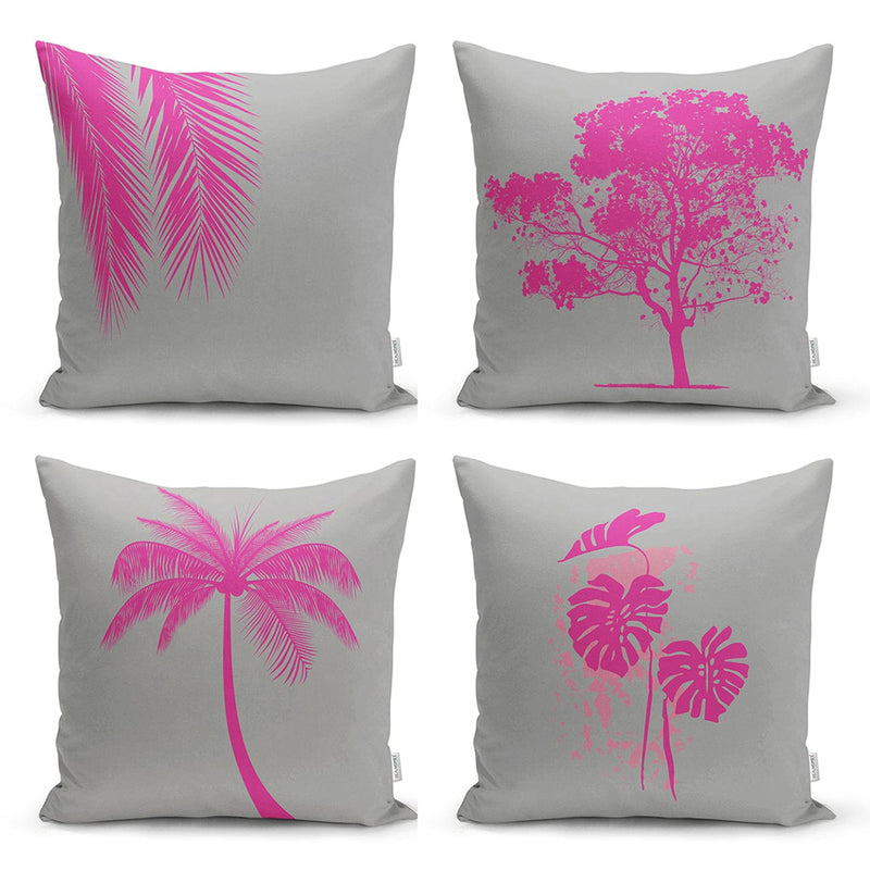 Gri Zeminde Fuşya Ağaç Motifli Dekoratif Dijital Baskılı 4lü Kırlent Kılıf Seti Bonvagon