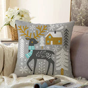 Gri Zeminde Geyik Desenli Dijital Baskılı Modern Raşel Kadife Yastık Kırlent Kılıfı Bonvagon