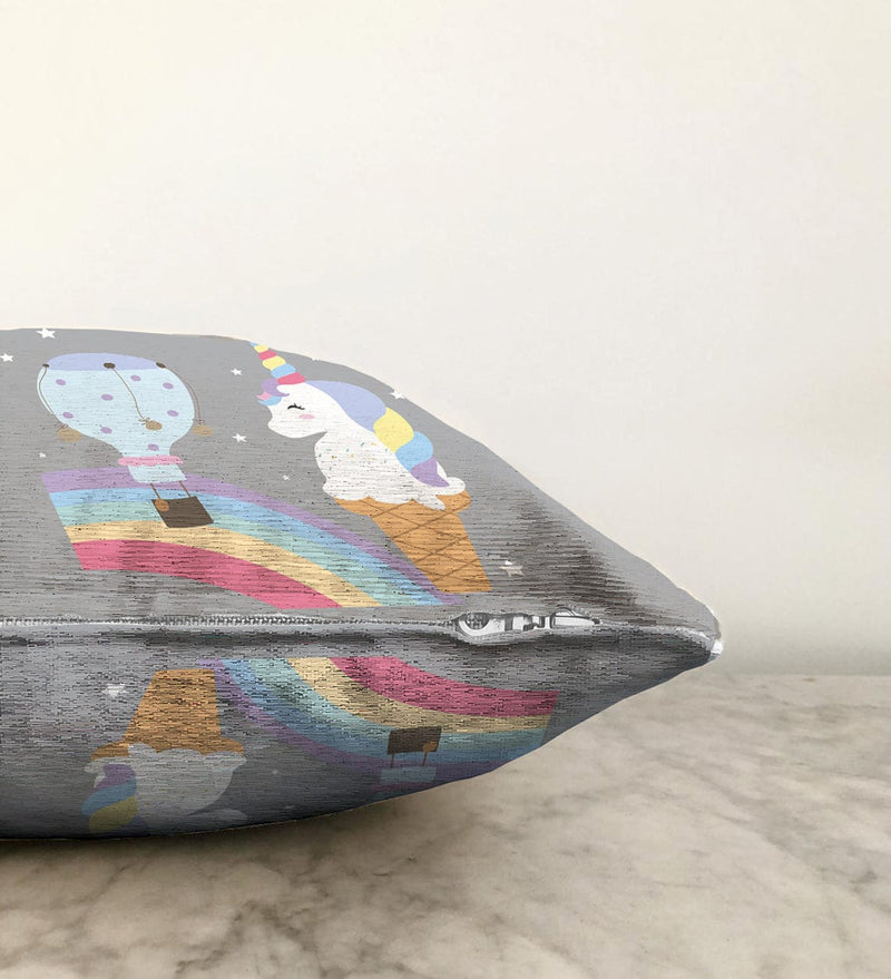 Gri Zeminde Unicorn Tasarımlı Çocuk Odası Raşel Kadife Yastık Kırlent Kılıfı Bonvagon