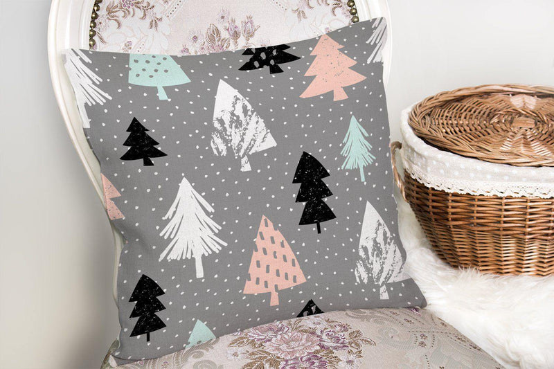 Gri Zeminli Ağaç Temalı Dijital Baskılı Dekoratif Yastık Kılıfı 43x43cm