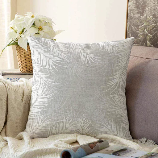 Gri Zeminli Beyaz Yaprak Desenli Dijital Baskılı Modern Raşel Kadife Yastık Kırlent Kılıfı Bonvagon
