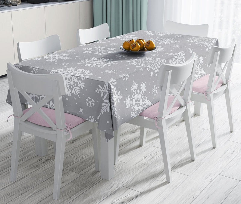 Gri Zeminli Kar Taneleri Temalı Modern Tasarım Dekoratif Leke Tutmaz Masa Örtüsü Bonvagon