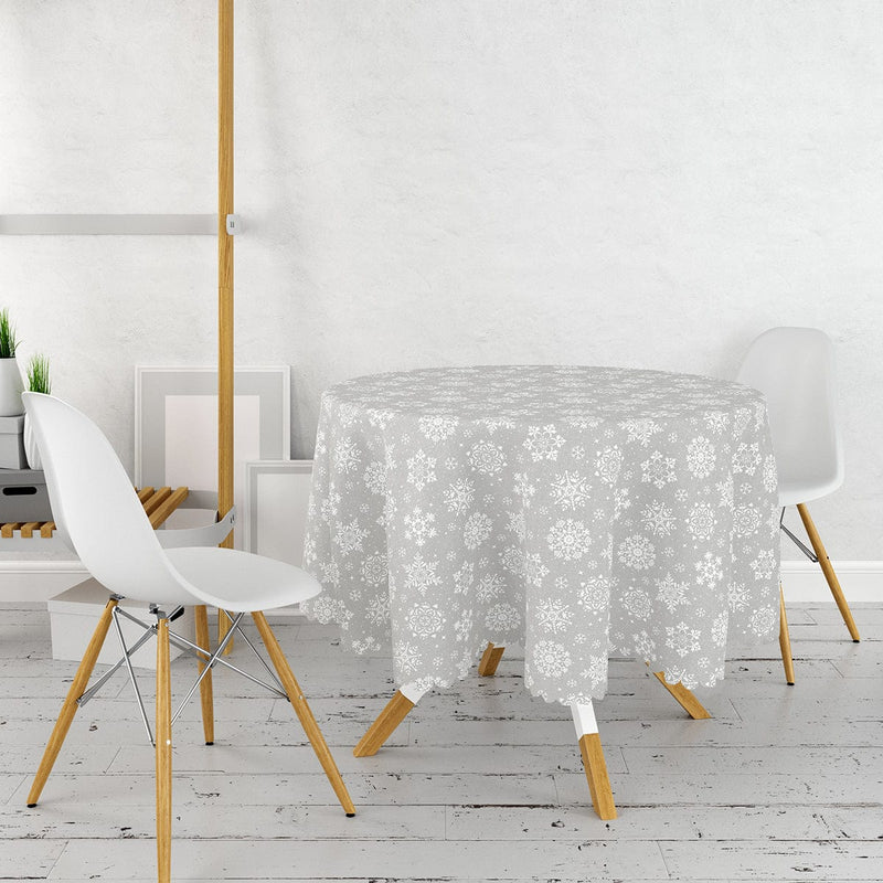 Gri Zeminli Kar Taneleri Temalı Modern Tasarım Dekoratif Leke Tutmaz Masa Örtüsü Bonvagon