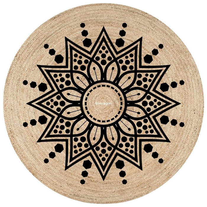 Güneş Mandala Motif Jüt Örme Halı Hasır Kilim Bonvagon