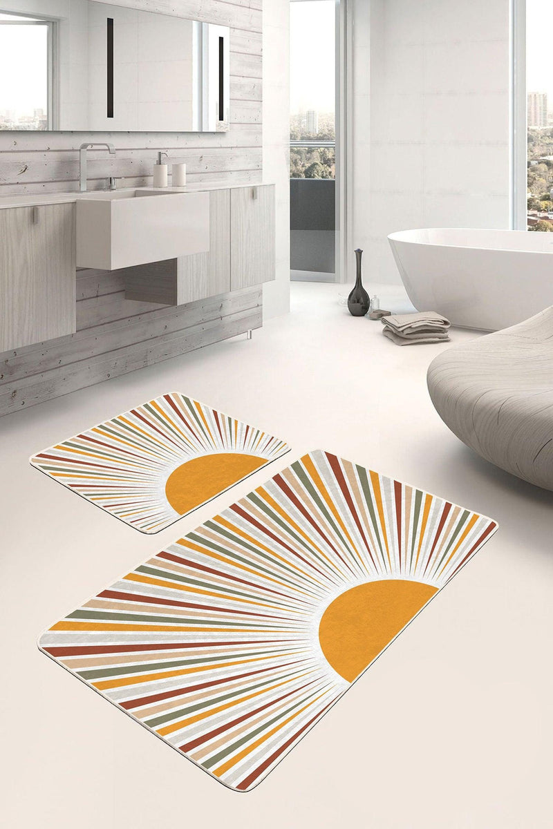 Güneş Temalı Renkli Çizimli Dijital Baskılı 2li Banyo Paspas ve Halısı Takımı Kaymaz Taban Yıkanabilir