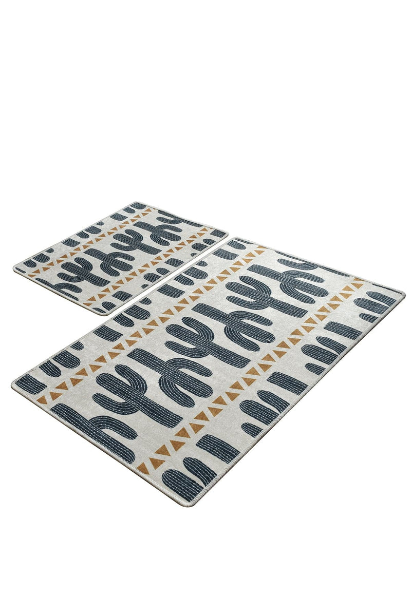 Happy Cactus 2li Set Dijital Baskılı Banyo Halısı, Kaymaz Taban, Yıkanabilir Bonvagon