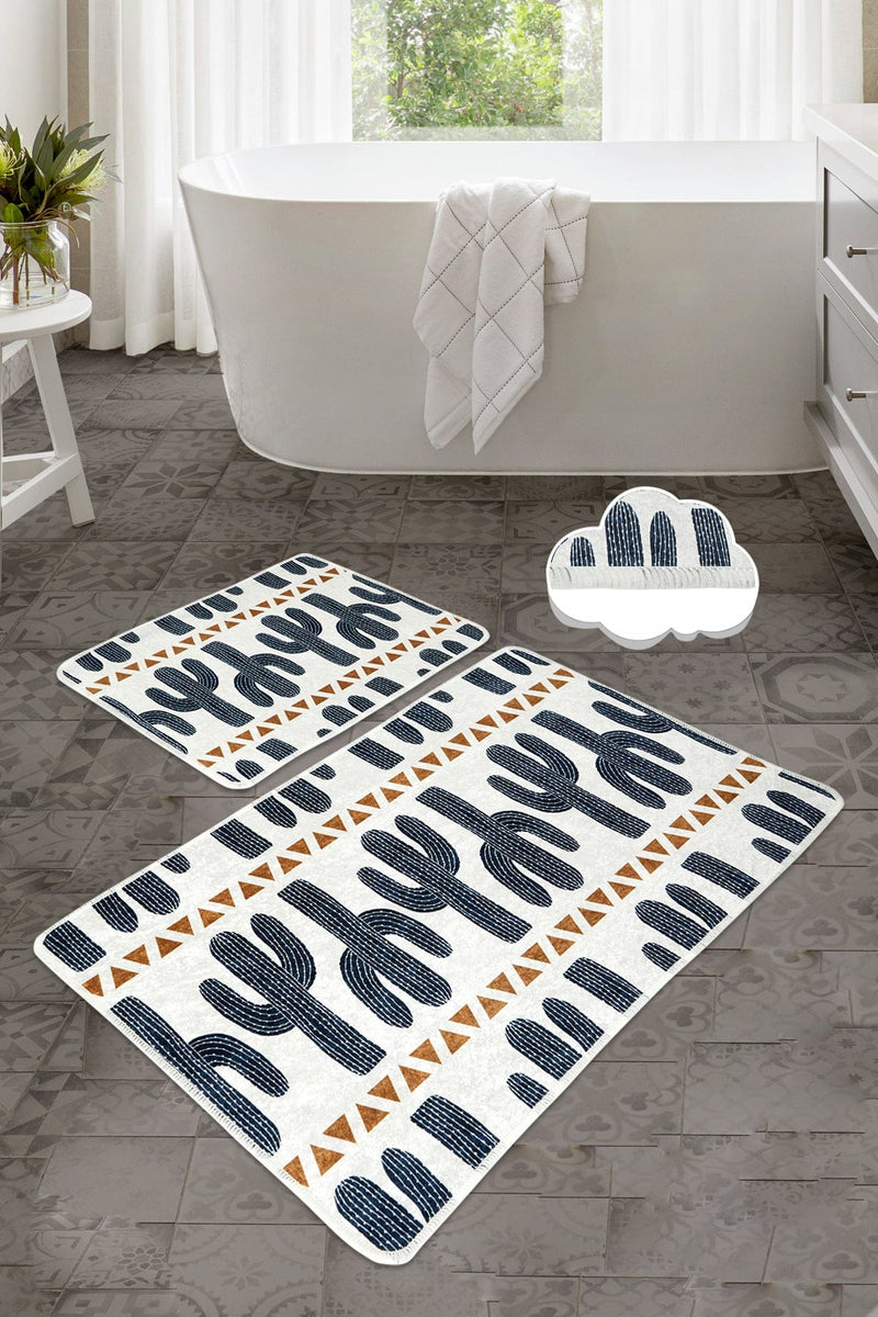 Happy Cactus 2li Set Dijital Baskılı Banyo Halısı, Kaymaz Taban, Yıkanabilir Bonvagon