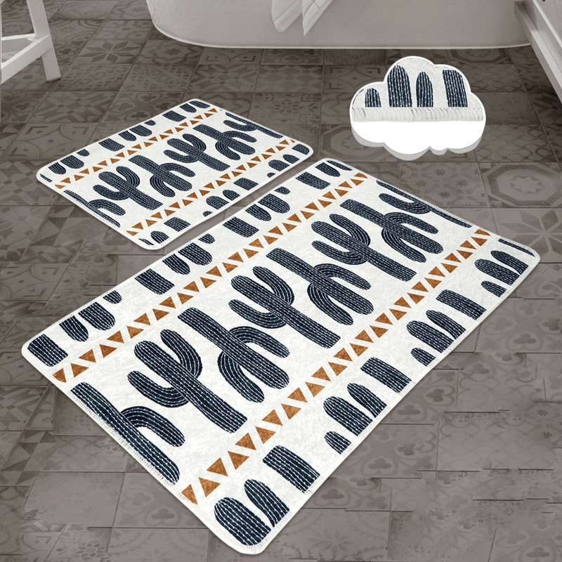Happy Cactus 2li Set Dijital Baskılı Banyo Paspas ve Halısı, Kaymaz Taban, Yıkanabilir Bonvagon