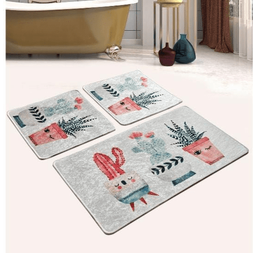 Happy Cactus 3lü Set Dijital Baskılı Banyo Paspas ve Halısı, Kaymaz Taban, Yıkanabilir Bonvagon