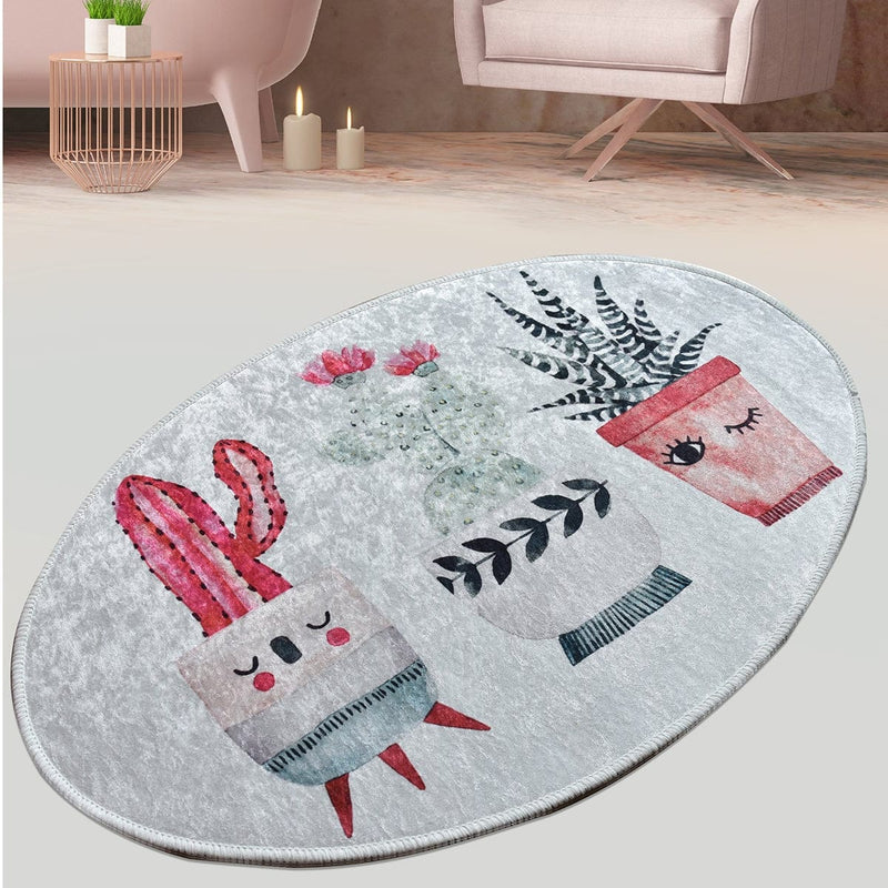 Happy Cactus Oval 60x90cm Dijital Baskılı Halı, Kaymaz Taban, Yıkanabilir Bonvagon