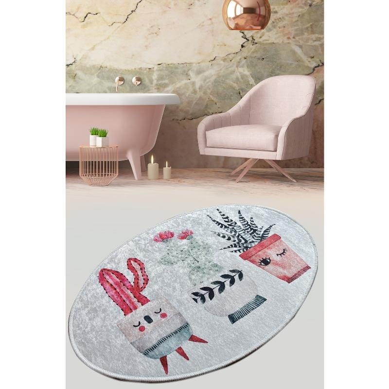 Happy Cactus Oval 60x90cm Dijital Baskılı Halı, Kaymaz Taban, Yıkanabilir Bonvagon