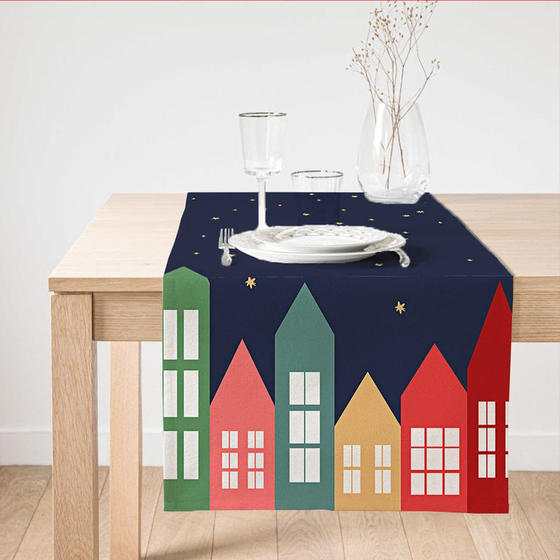 Happy New Year Evler Tasarımlı Dijital Baskılı Dekoratif Süet Runner Bonvagon