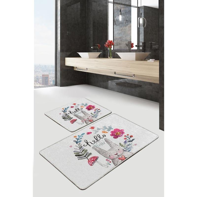 Hello Spring 2li Set Dijital Baskılı Banyo Halısı, Kaymaz Taban, Yıkanabilir Bonvagon