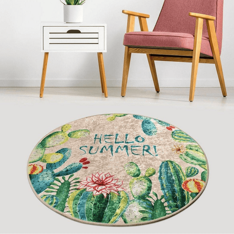 Hello Summer Dekoratif Yuvarlak Dijital Baskılı Halı, Kaymaz Taban, Yıkanabilir Bonvagon