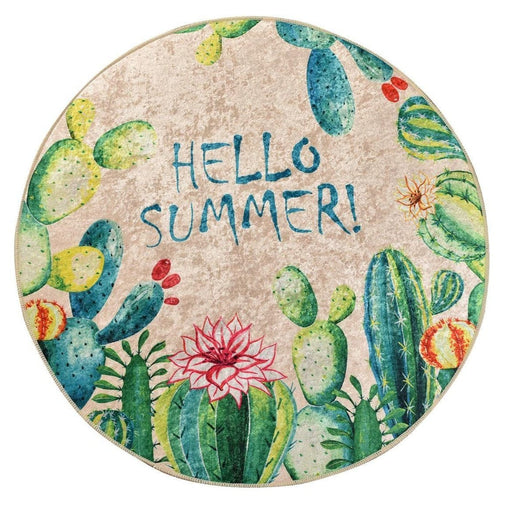 Hello Summer Dekoratif Yuvarlak Dijital Baskılı Halı, Kaymaz Taban, Yıkanabilir Bonvagon