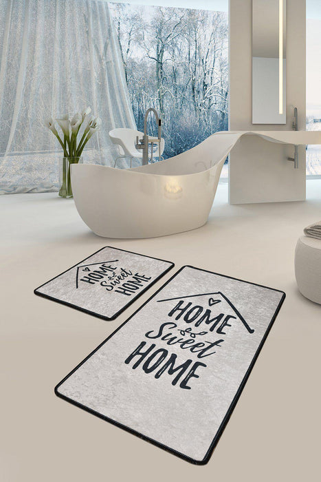 Home Sweet Home Dijital Baskılı 2li Set Banyo Halısı, Kaymaz Taban, Yıkanabilir Bonvagon