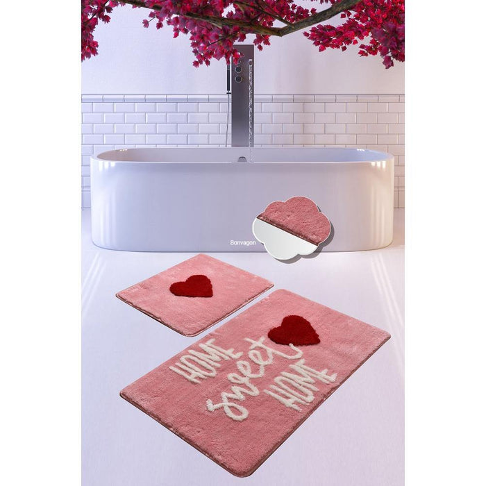 Home Sweet Home Pink 2li Set Banyo Halısı, Kaymaz Taban, Yıkanabilir Bonvagon