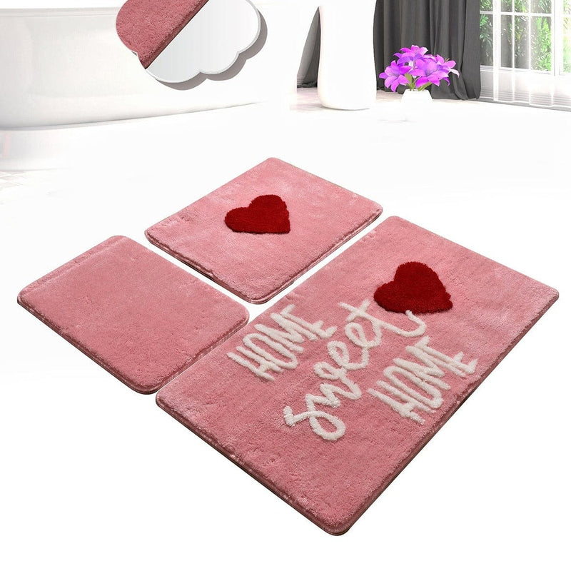 Home Sweet Home Pink 3lü Set Banyo Halısı, Kaymaz Taban, Yıkanabilir Bonvagon