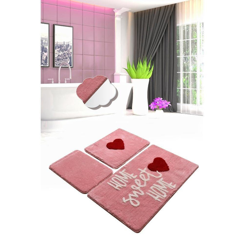 Home Sweet Home Pink 3lü Set Banyo Halısı, Kaymaz Taban, Yıkanabilir Bonvagon