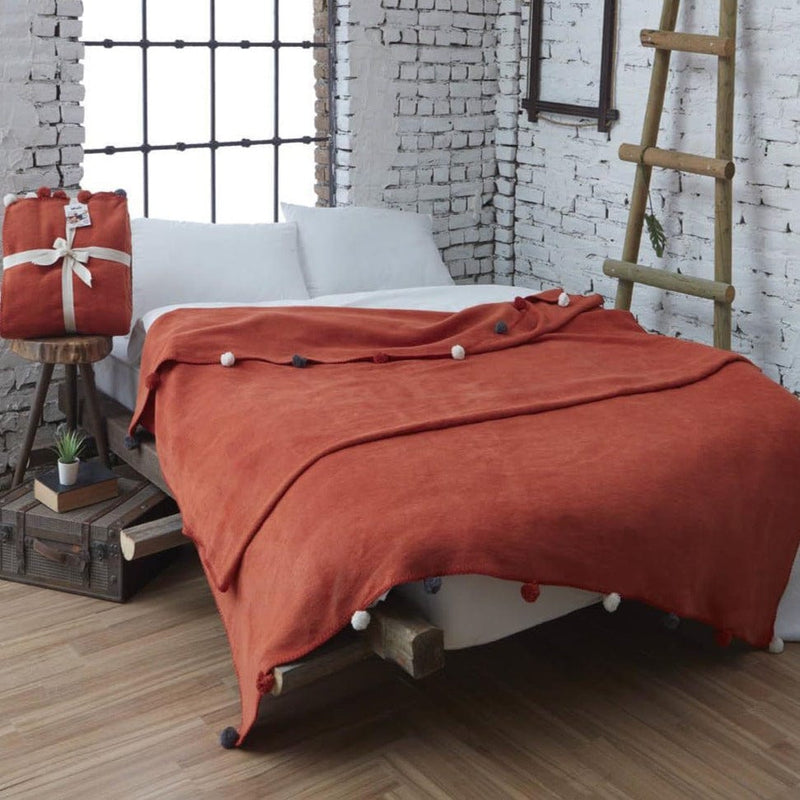 Home Tek Kişilik Ponponlu Pike Battaniye 150x200 Kiremit Dolce Bonita Home