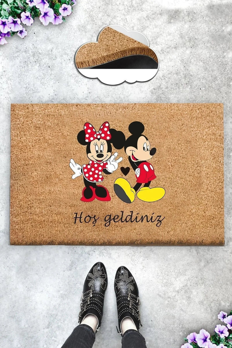 Hoş geldiniz Mickey Mouse Doğal Koko Hindistan Cevizi Kapı Önü Paspas 60x40cm Bonvagon