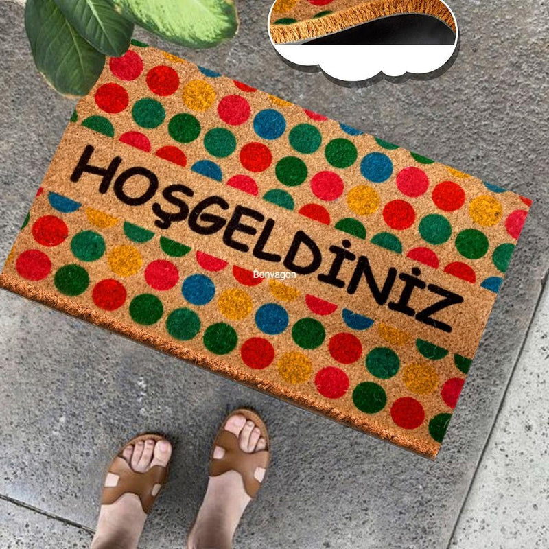 Hoşgeldiniz Dots Doğal Koko Hindistan Cevizi Kapı Önü Paspas 60x40cm
