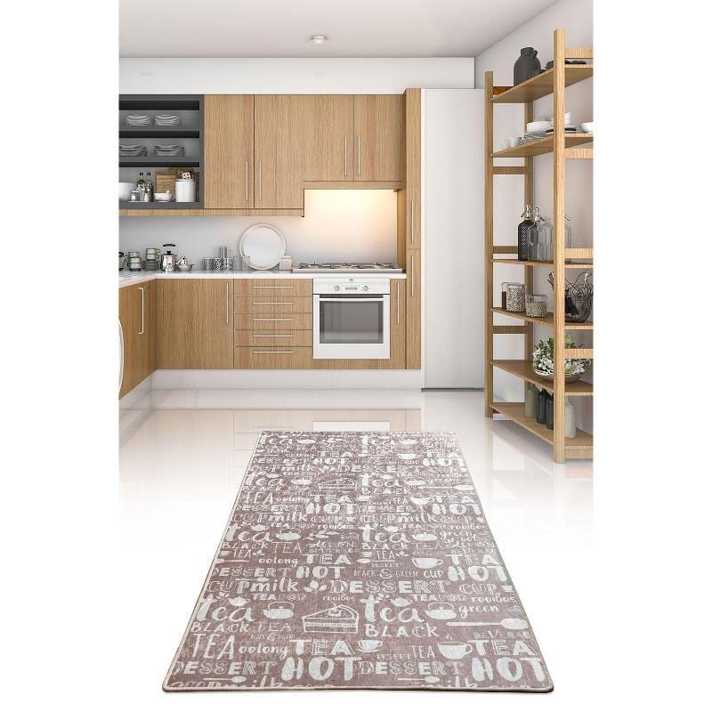 Hot Tea Bej Dijital Baskılı Mutfak Halısı, Kaymaz Taban, Yıkanabilir Bonvagon
