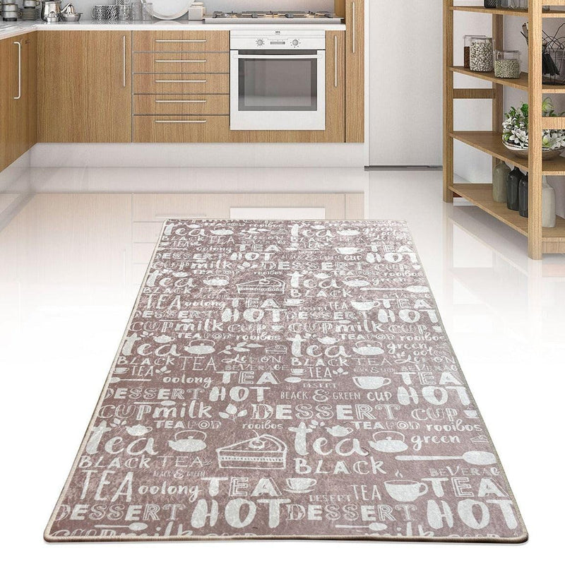 Hot Tea Bej Dijital Baskılı Mutfak Halısı, Kaymaz Taban, Yıkanabilir Bonvagon