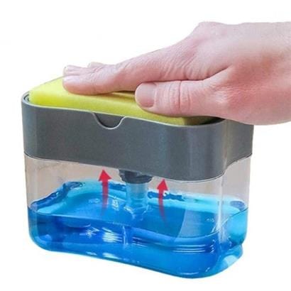 İkisi Bir Arada Basmalı Pratik Sıvı Sabunluk Pompası ve Bulaşık Yıkama Süngeri Haznesi Bonvagon