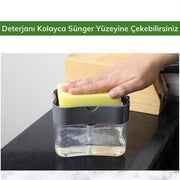 İkisi Bir Arada Basmalı Pratik Sıvı Sabunluk Pompası ve Bulaşık Yıkama Süngeri Haznesi Bonvagon