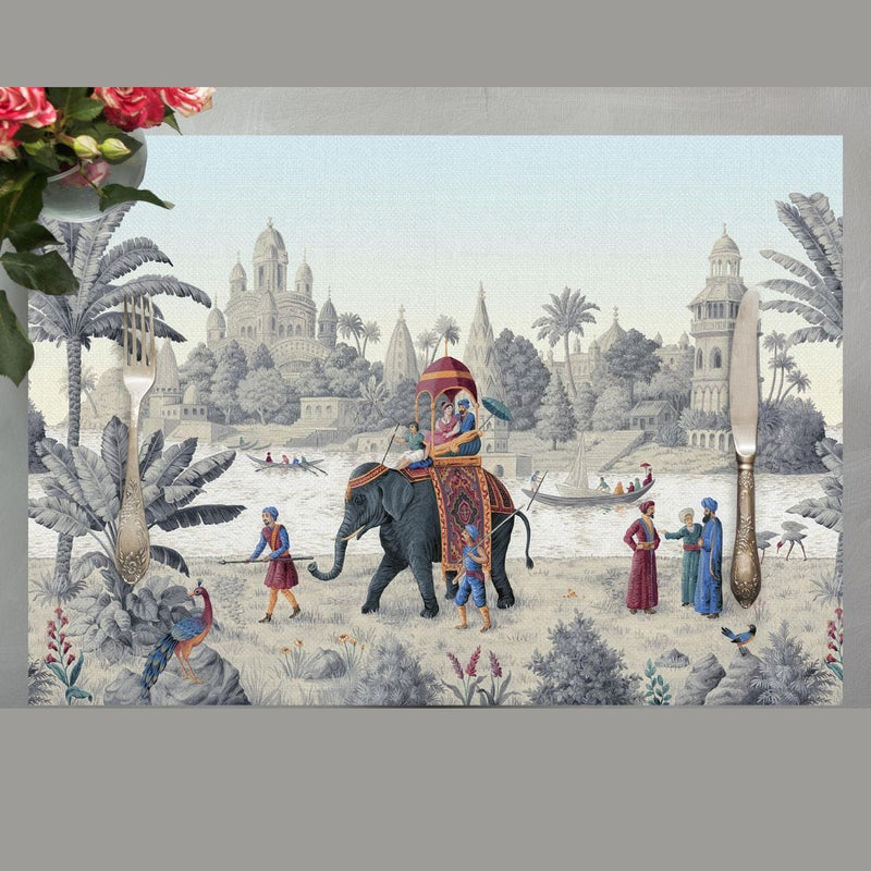 Indian Elephants 4'lü İnce Keten Kumaş Amerikan Servisi 50x35cm Bonvagon