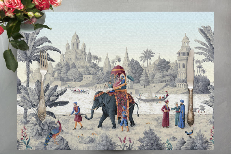 Indian Elephants 4'lü İnce Keten Kumaş Amerikan Servisi 50x35cm Bonvagon