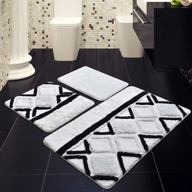 Jane Beyaz 3lü Set Banyo Halısı, Kaymaz Taban, Yıkanabilir Bonvagon