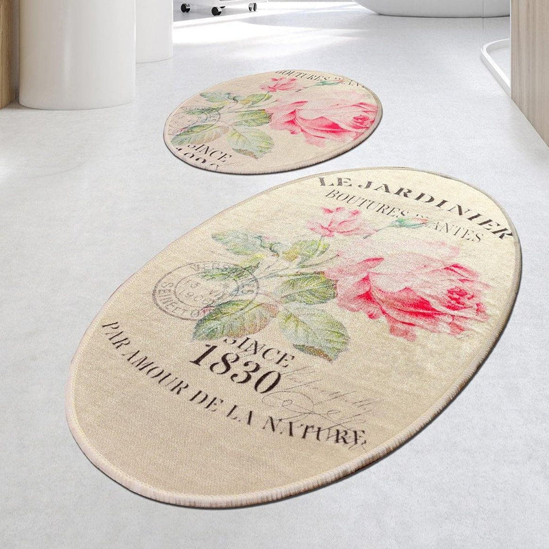 Jardiner Oval 2li Set Dijital Baskılı Banyo Halısı, Kaymaz Taban, Yıkanabilir Bonvagon