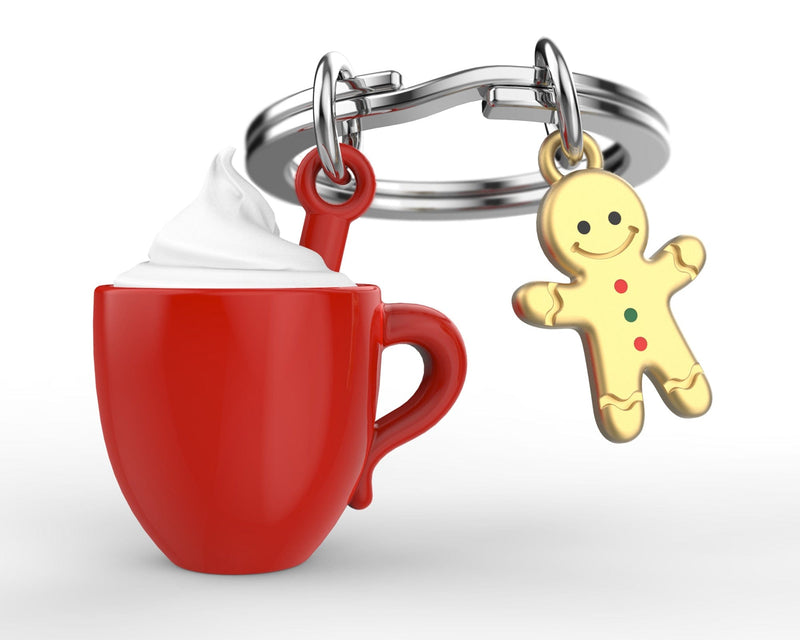 Kahve Kupası ve Gingerbread Kurabiye Adam Çelik Halkalı Anahtarlık