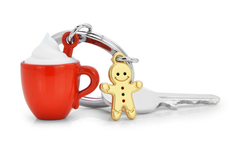 Kahve Kupası ve Gingerbread Kurabiye Adam Çelik Halkalı Anahtarlık
