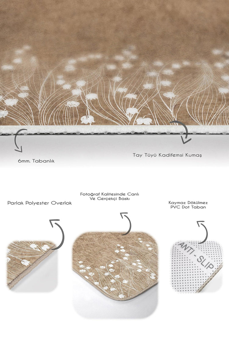 Kahve Zemin Beyaz Çiçek Özel Tasarımlı 2li Banyo Halısı Takımı Kaymaz Taban Yıkanabilir Bonvagon